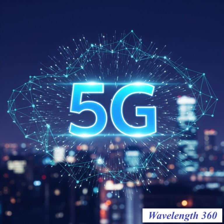 Digital graphic with the glowing blue text "5G" surrounded by a network of interconnected points and lines, superimposed over a blurry night city skyline.