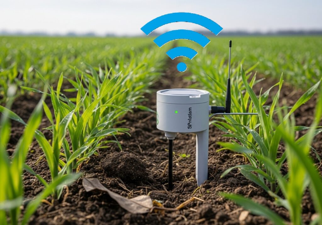 An agricultural IoT sensor, equipped with a small antenna and emitting a blue Wi-Fi signal, is embedded in the soil among rows of young crops, illustrating smart farming technology.