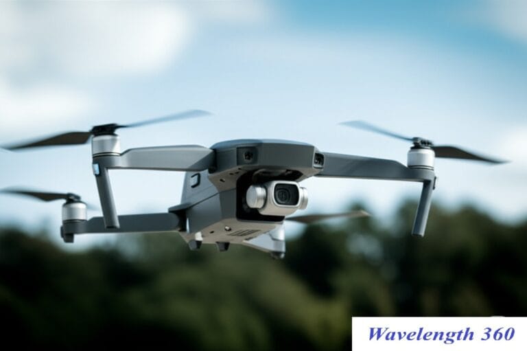 Grey quadcopter drone with camera in mid-air against a blurred background of trees and sky.