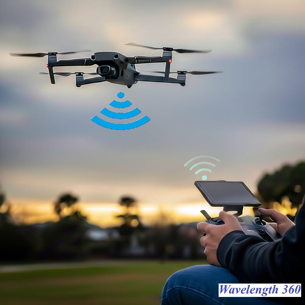A person operates a drone using a remote controller with a screen, with blue and green wireless signal icons indicating communication between the controller and the drone in the air, illustrating the importance of reliable antenna design for UAVs.