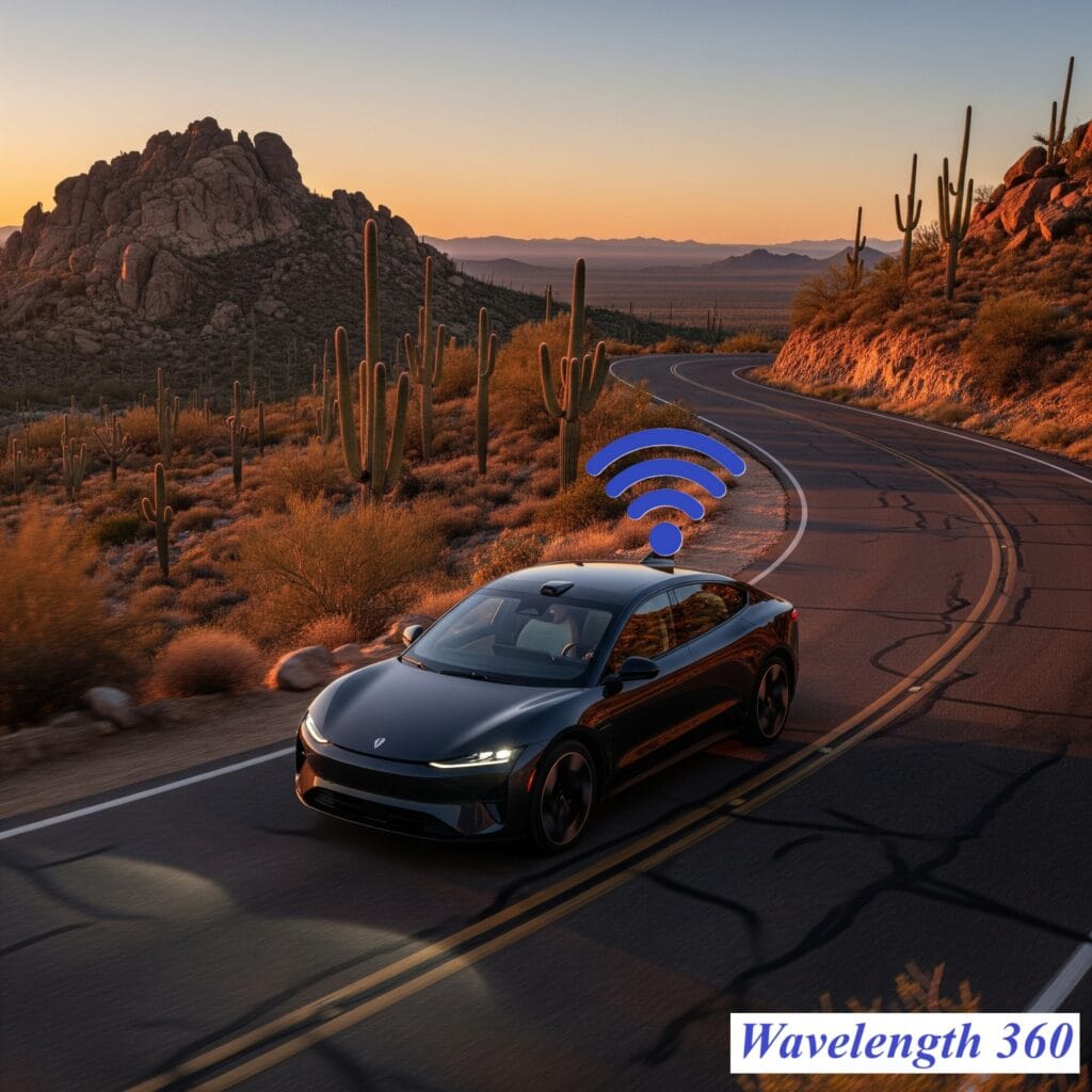 A modern electric vehicle (EV) driving on a winding desert road at sunset, with a wireless signal icon emanating from its roof to represent advanced automotive and EV antennas.