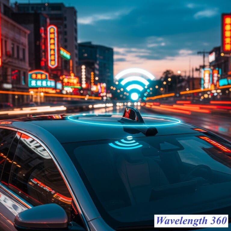 A close-up of a modern car's roof, featuring a sleek shark fin antenna with a glowing wireless signal icon, set against the backdrop of a bustling city at night with neon lights.
