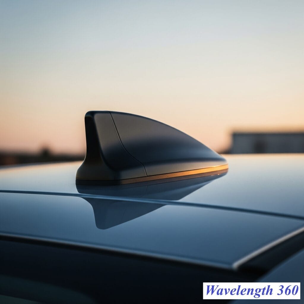 A close-up, low-angle shot of a black shark fin antenna on the roof of a car at sunset, highlighting the sleek design and a subtle reflection of the sky.