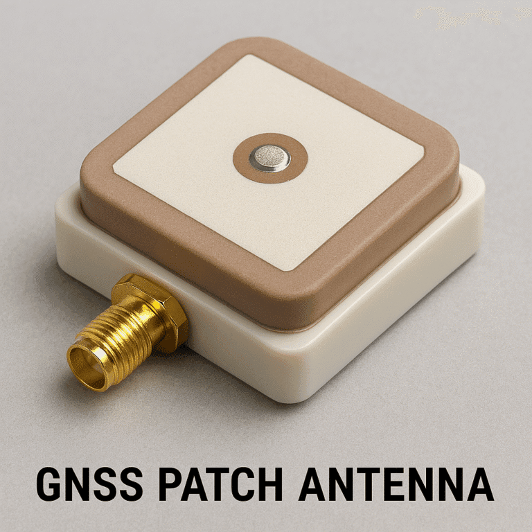 A close-up, high-angle shot of a GNSS patch antenna with a gold-plated SMA connector on a gray background.