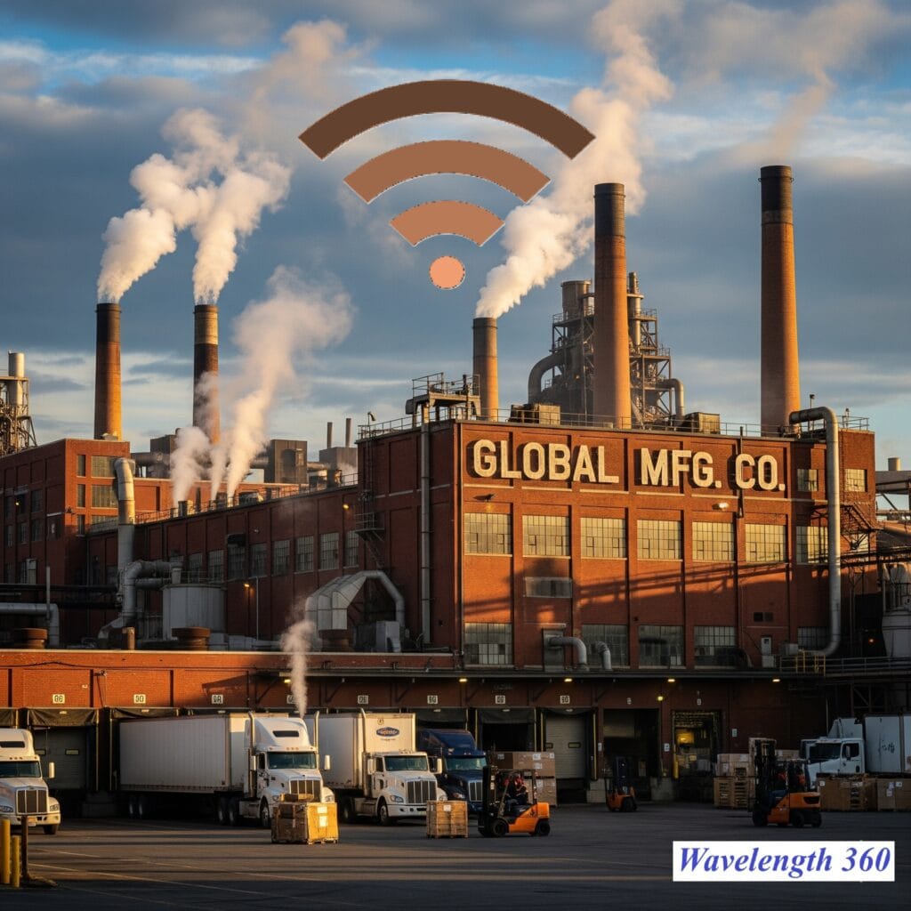 A large, multi-story brick industrial factory with smoke stacks billowing white smoke and several semi-trucks at loading docks. A large Wi-Fi signal icon is digitally overlaid above the building, indicating strong connectivity. The text "Wavelength 360" is visible in the bottom right corner.
