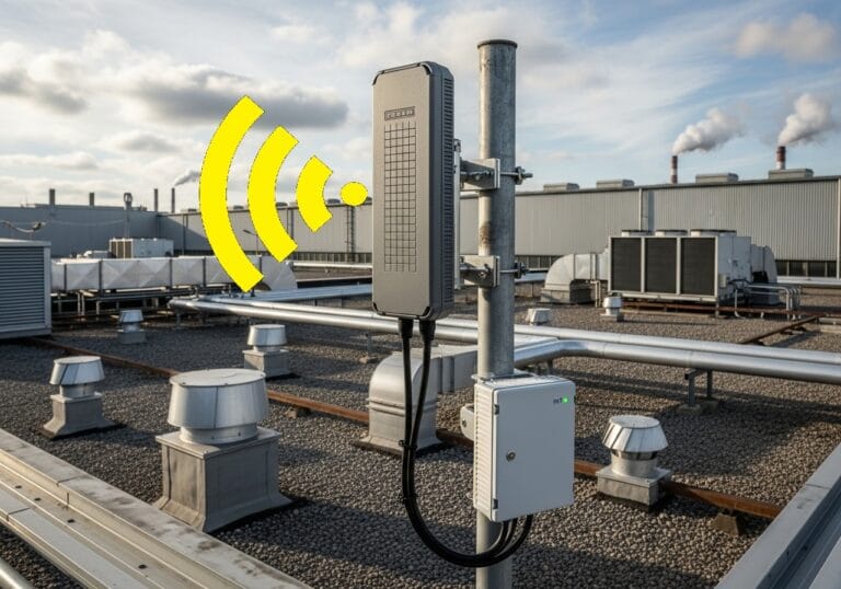 An industrial IoT gateway antenna mounted on a pole on a factory rooftop with steam stacks in the background, with a yellow signal icon superimposed, symbolizing robust wireless connectivity in a challenging industrial environment.