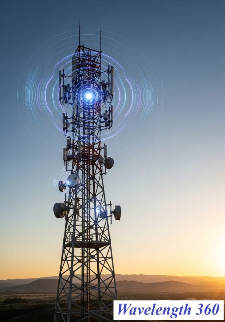 A tall cellular tower broadcasting LTE signals represented by glowing blue concentric circles against a gradient sky at sunset.