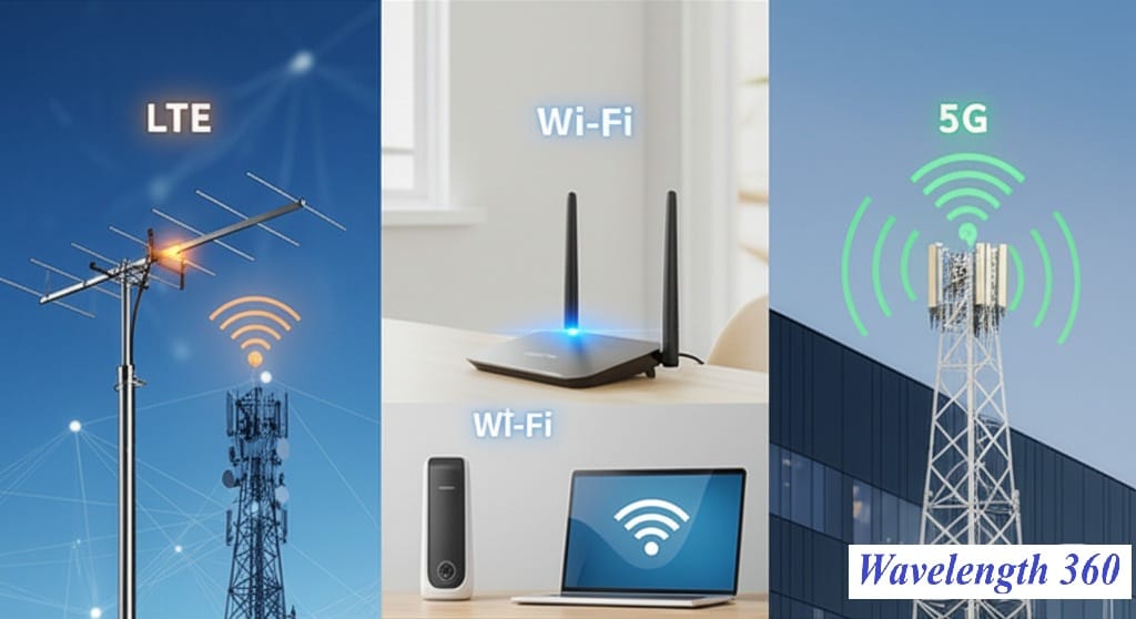 A composite image showing three different wireless technologies: an LTE antenna on a tower, a Wi-Fi router and devices in a home setting, and a 5G cellular tower with radiating signals.