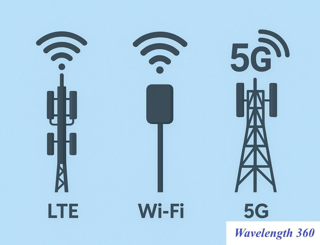 Illustration showing three different antenna types: an LTE cellular tower, a Wi-Fi access point, and a 5G cellular tower, each with signal wave icons.