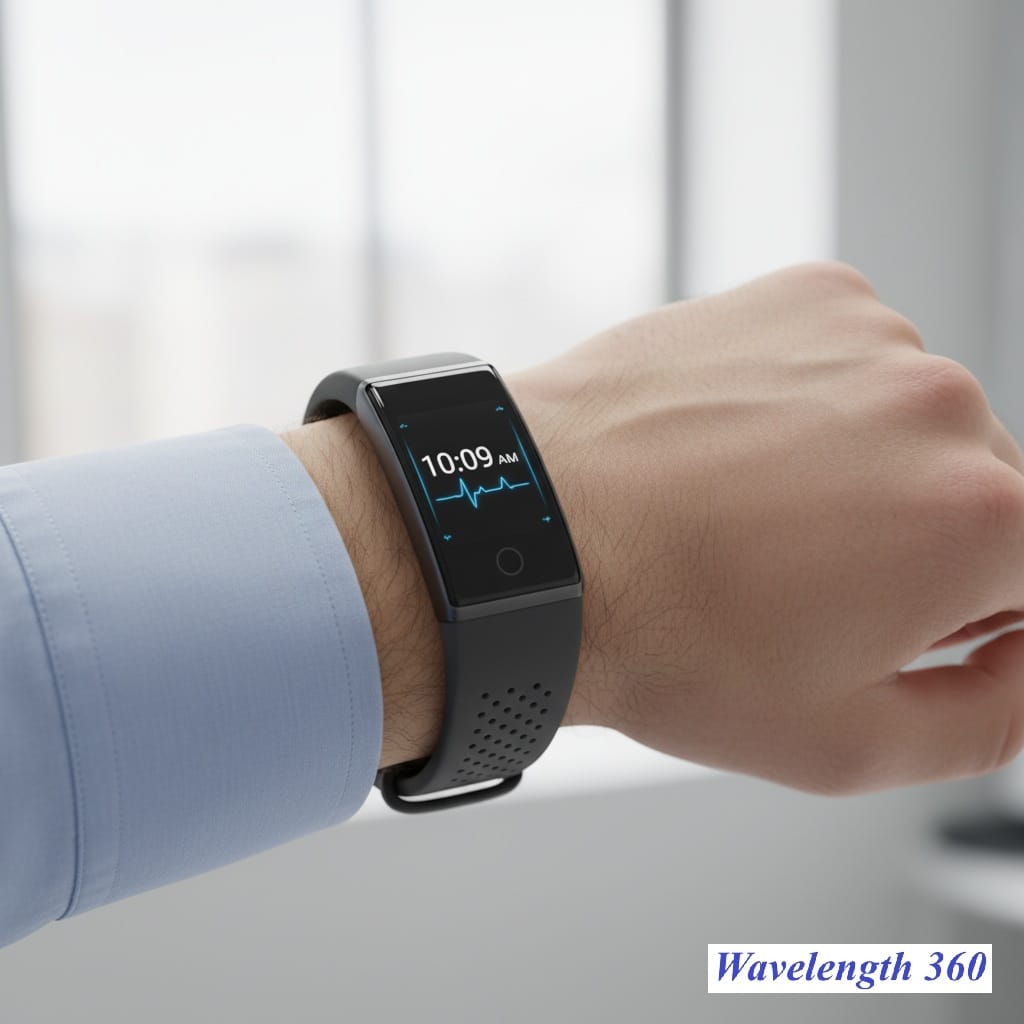 A close-up of a person's wrist wearing a sleek, black medical wearable device with a digital display showing the time (10:09 AM) and a heart rate graph, symbolizing its health monitoring capabilities.