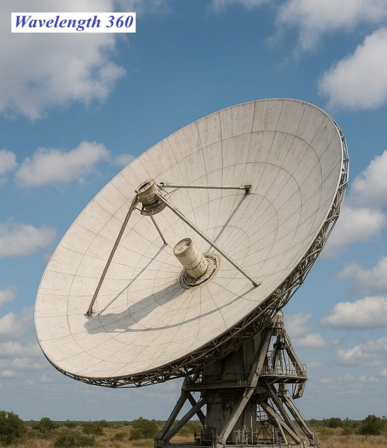 A large, white satellite dish antenna angled towards the sky with a central receiver and a support structure against a partly cloudy blue sky.