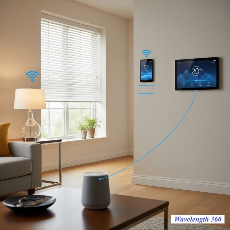 A living room with smart home devices, including a smart speaker, a wall-mounted control panel, and a smartphone, all connected wirelessly, illustrating the need for custom antennas for Internet of Things (IoT) devices.