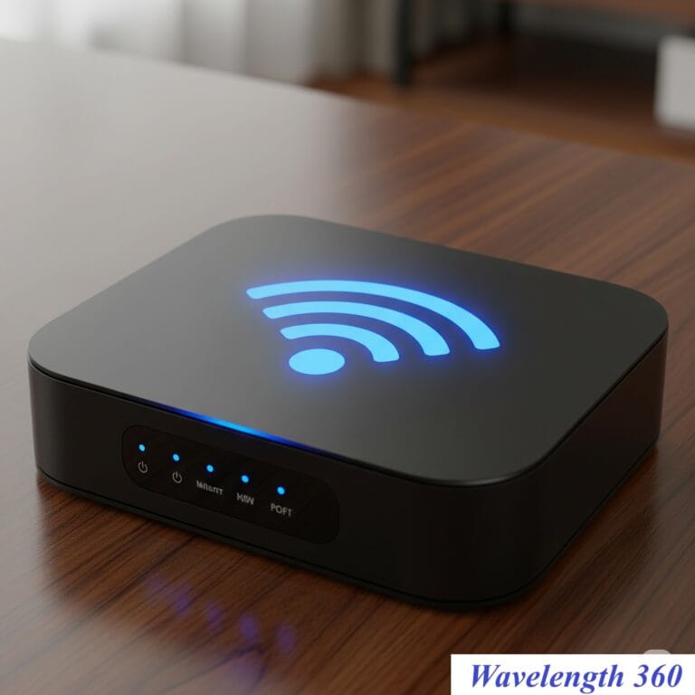 A black wireless router with a glowing blue Wi-Fi icon, illustrating a device with a modern internal antenna design.